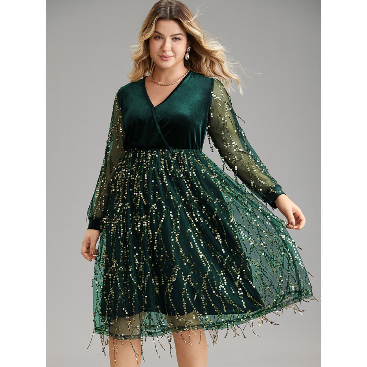 Plus Size Velvet Sequin Tassels Mesh Surplice Neck Dress Green Women Cocktail Sequin Overlap Collar Long Sleeve Curvy Midi Dress BloomChic 14-16/1X Product Image
