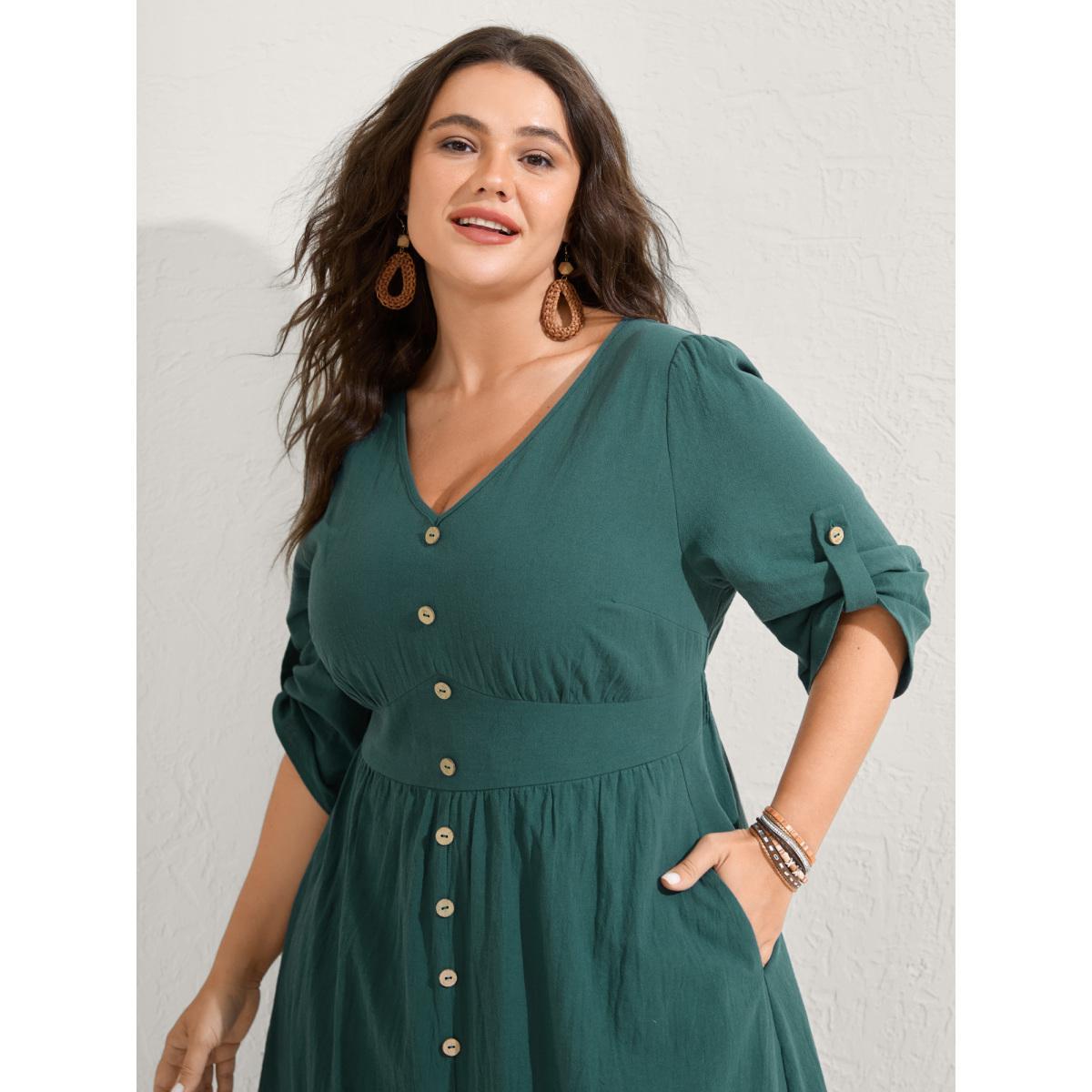 Plus Size Pure Cotton Button Gathered Sleeve Midi Dress Teal Women Gathered V-neck Elbow-length sleeve Curvy BloomChic 30/6X Product Image