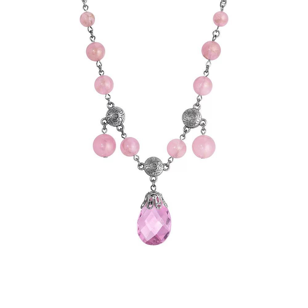 1928 Silver-Tone Pink Briolette Round Crystal Bead Adjustable Necklace, Womens Product Image
