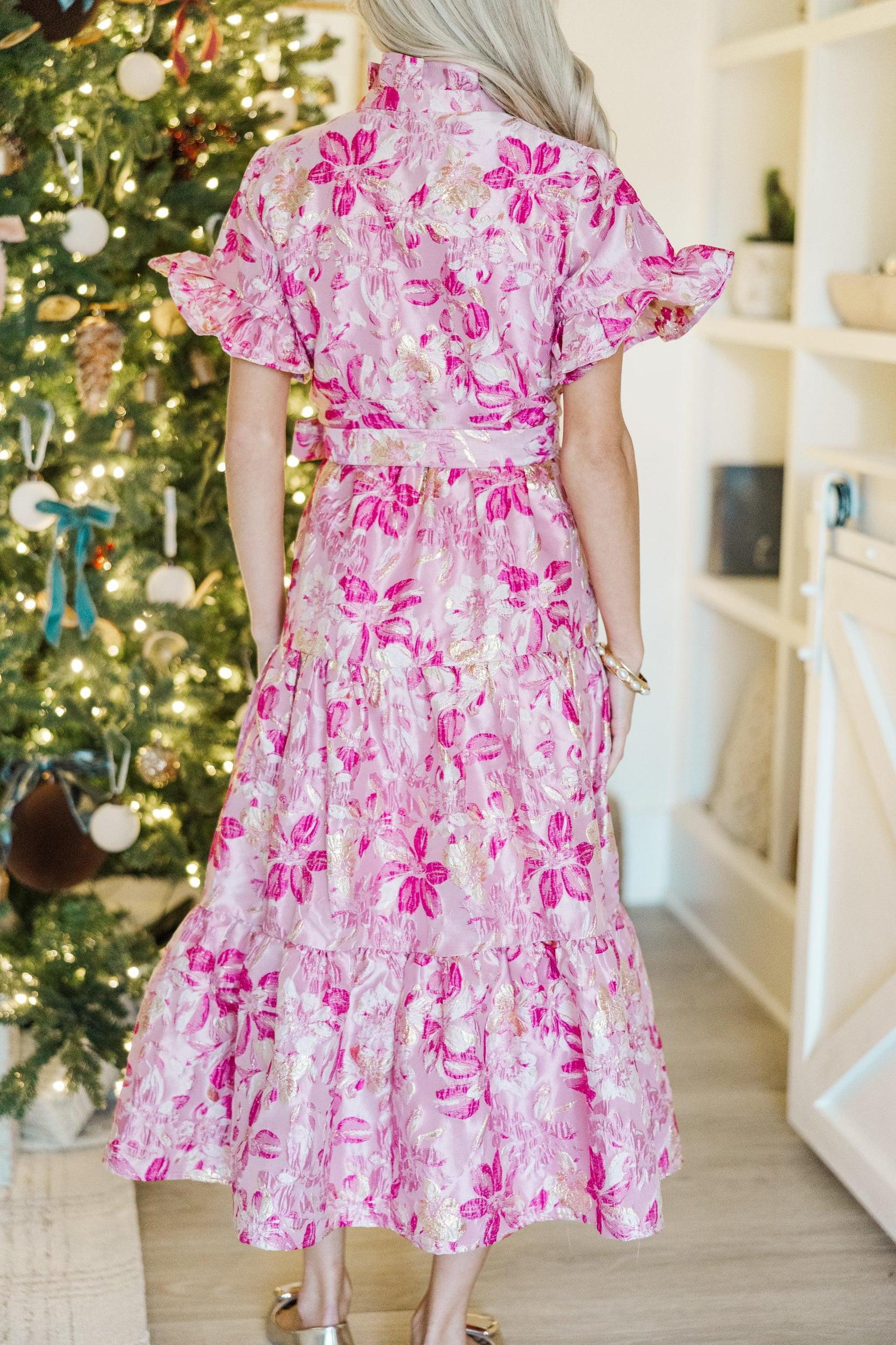 I'll Be There Fuchsia Pink Floral Brocade Midi Dress Female Product Image