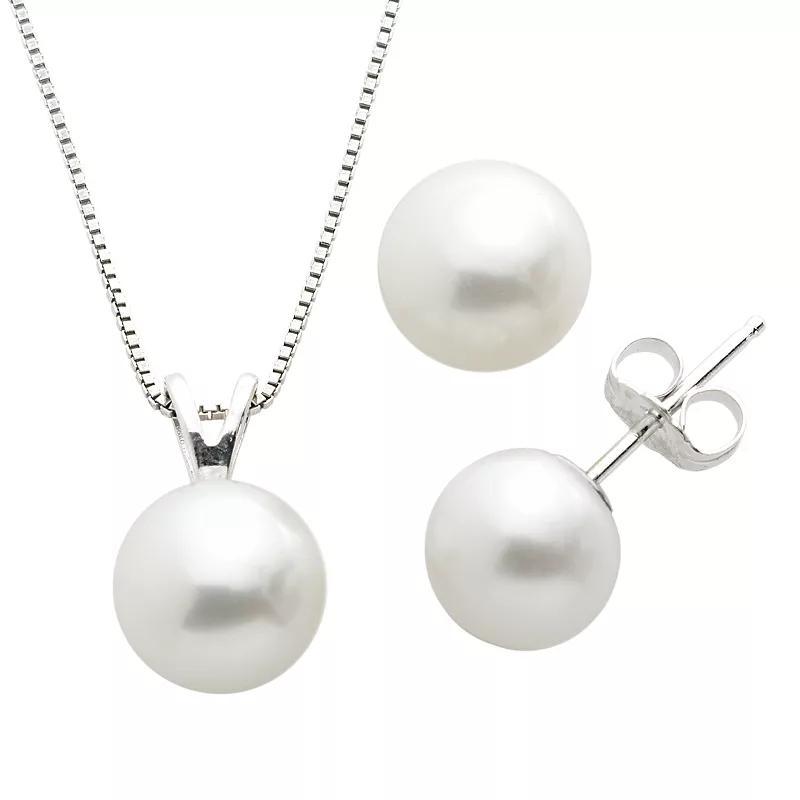 Sterling Silver Freshwater Cultured Pearl Pendant and Stud Earring Set, Womens, White Product Image