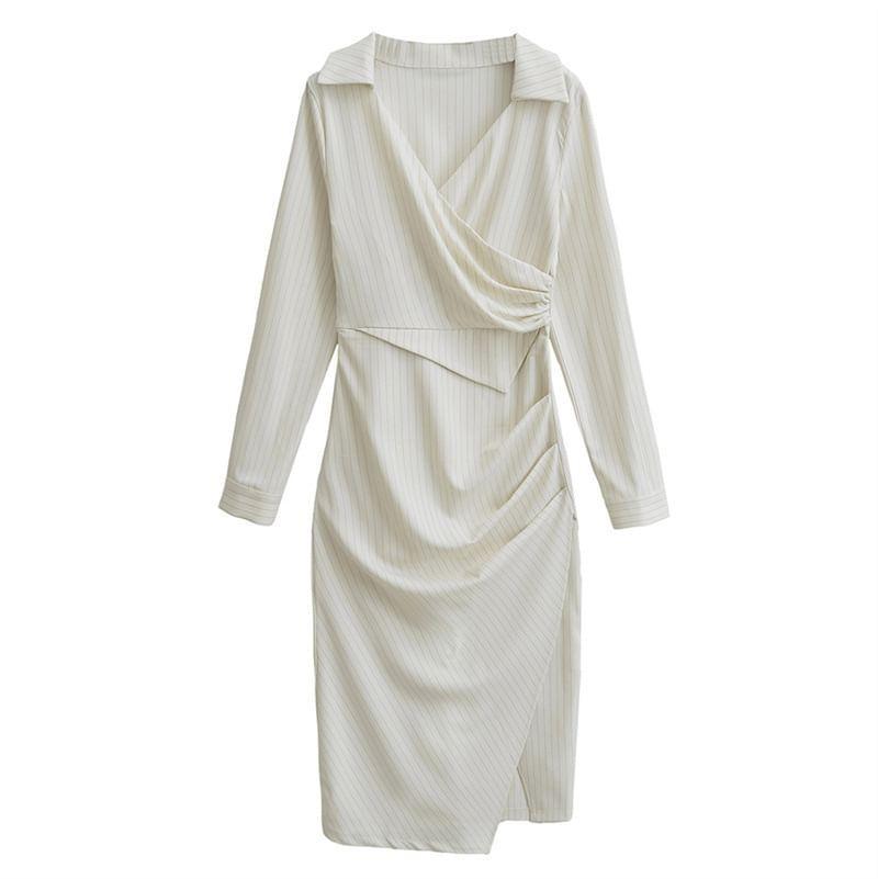 Long-Sleeve V-Neck Striped Ruched Asymmetrical Mini Shirt Dress Product Image