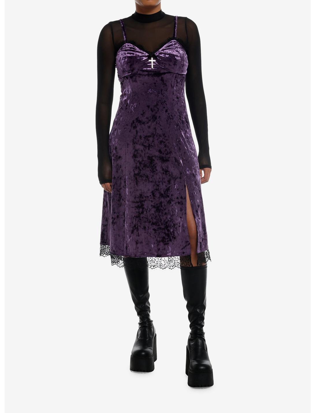 Cosmic Aura Purple Velvet Mesh Long-Sleeve Twofer Dress Product Image