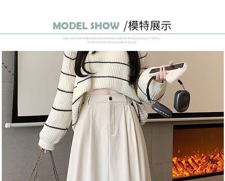 High Waist Plain Pleated Corduroy Midi A-Line Skirt Product Image