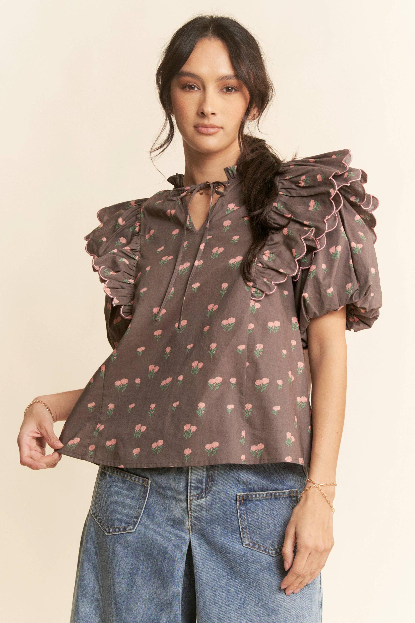 CONTRAST EDGE RUFFLE PUFF SLEEVE BLOUSE TOP: MOCHA BROWN Product Image