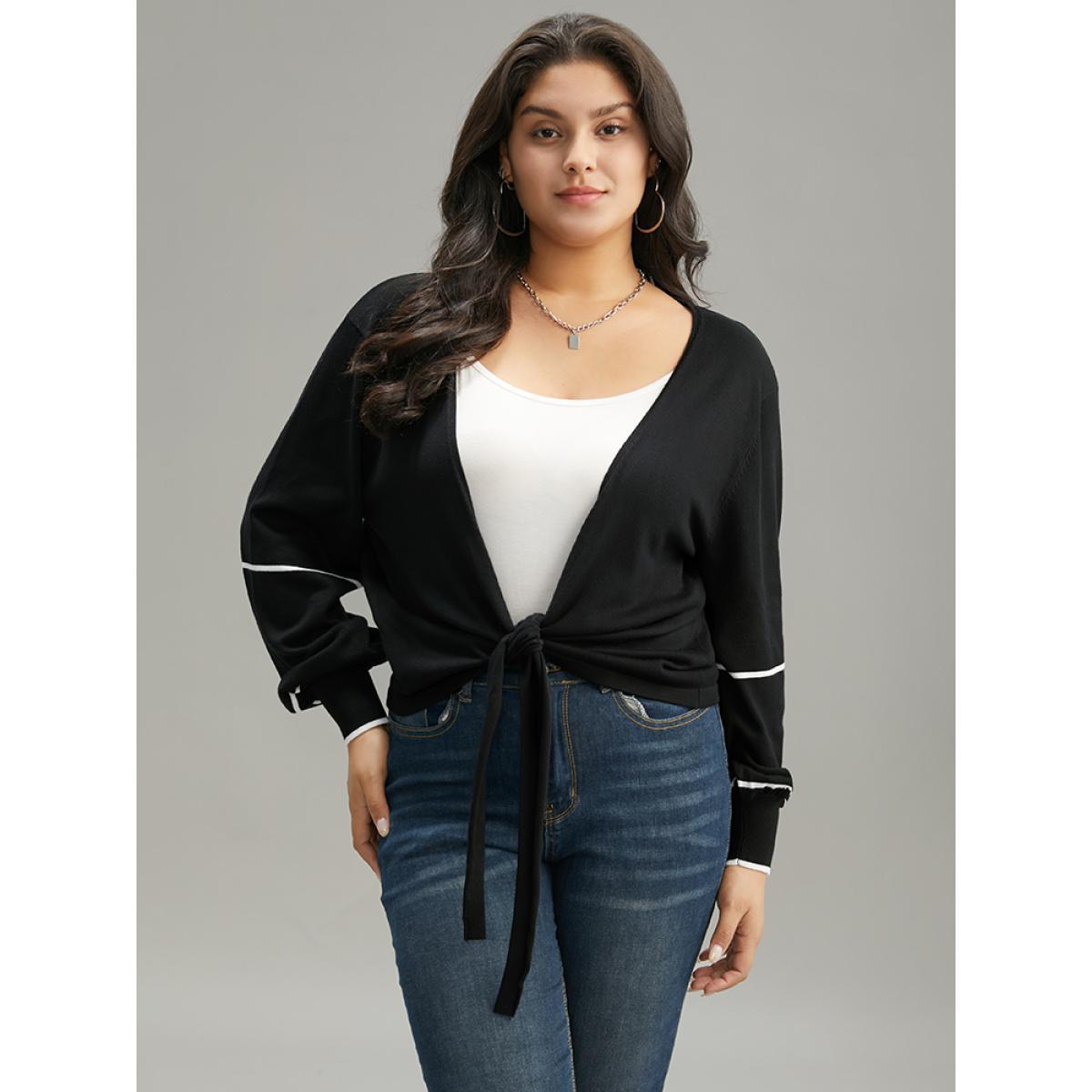 Plus Size Supersoft Essentials Striped Contrast Ties Lantern Sleeve Cardigan Black Women Casual Loose Long Sleeve Dailywear Cardigans BloomChic 18-20/2X Product Image
