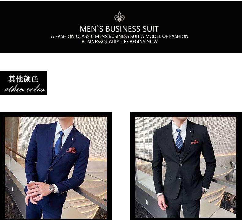 Set: Notch Lapel Single-Breasted Plain Blazer + Mid Rise Cropped Straight Leg Dress Pants + V-Neck Vest Product Image