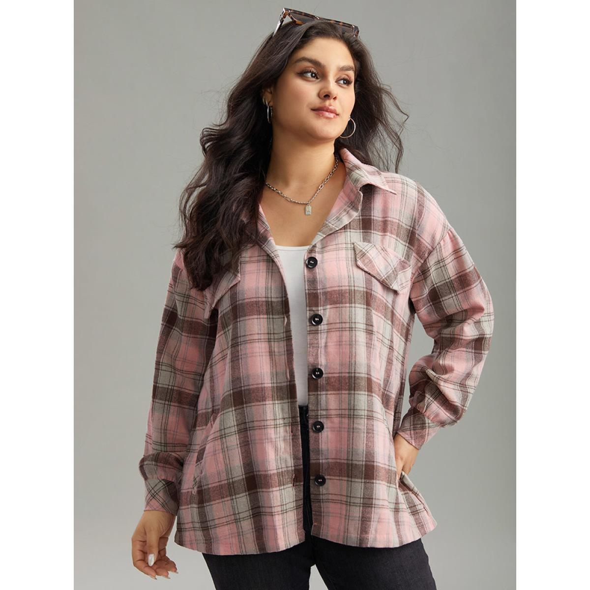 Plus Size Plaid Contrast Flap Pocket Button Fly Shacket Women Watermelon Casual Contrast Ladies Dailywear Winter Coats BloomChic 10/M Product Image
