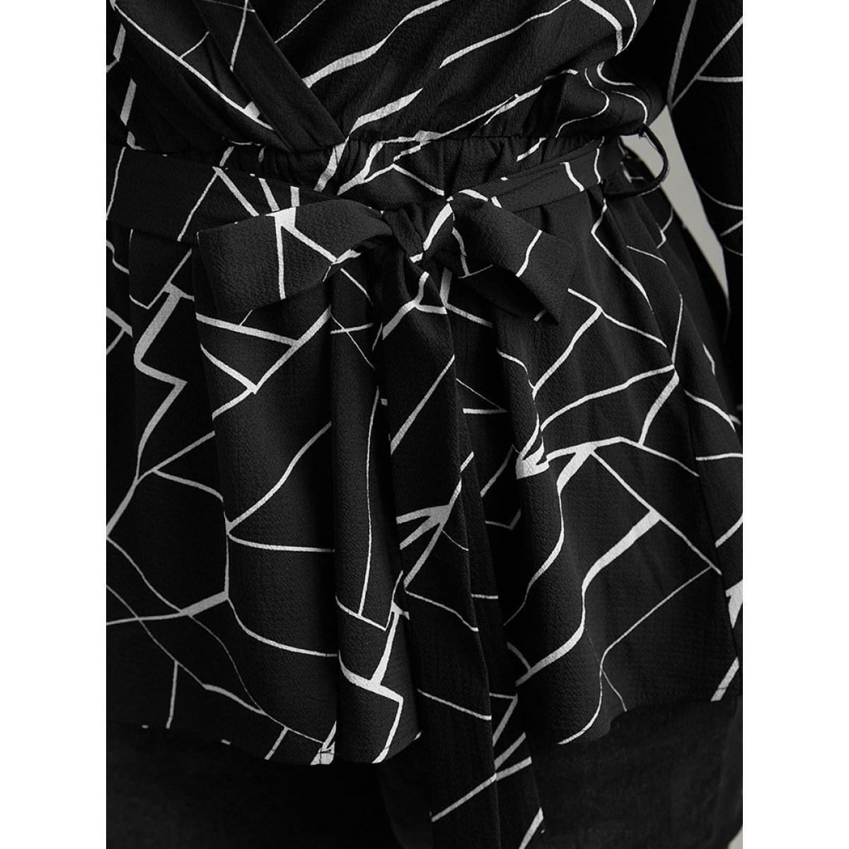 Plus Size Black Geometric Print Tab Sleeve Belted Wrap Blouse Women Office Long Sleeve V-neck Work Blouses BloomChic 18-20/2X Product Image