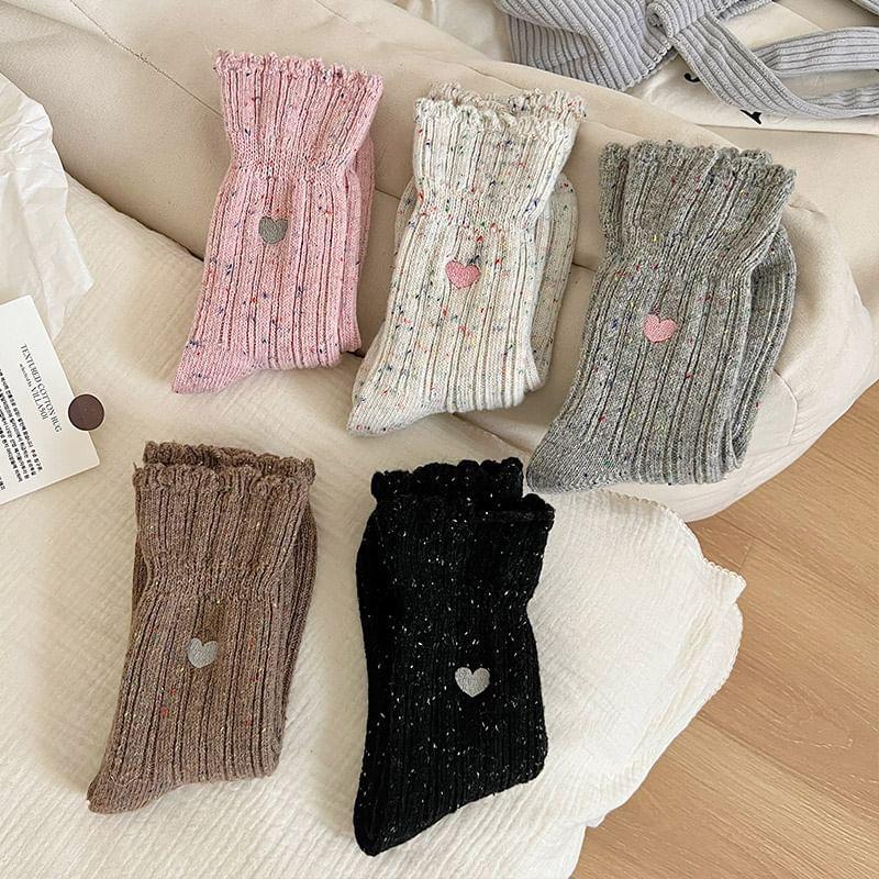 Heart Embroidered Ribbed Socks / Set Product Image