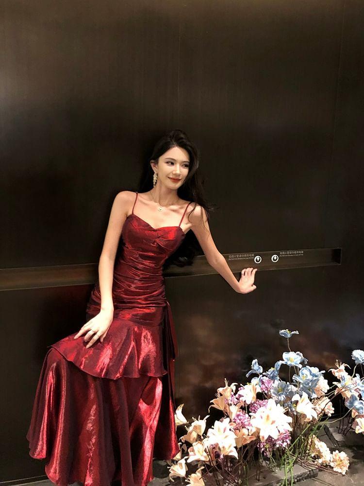 Spaghetti Strap V-Neck Plain Ruffle Panel Ruched Mermaid Evening Gown Product Image