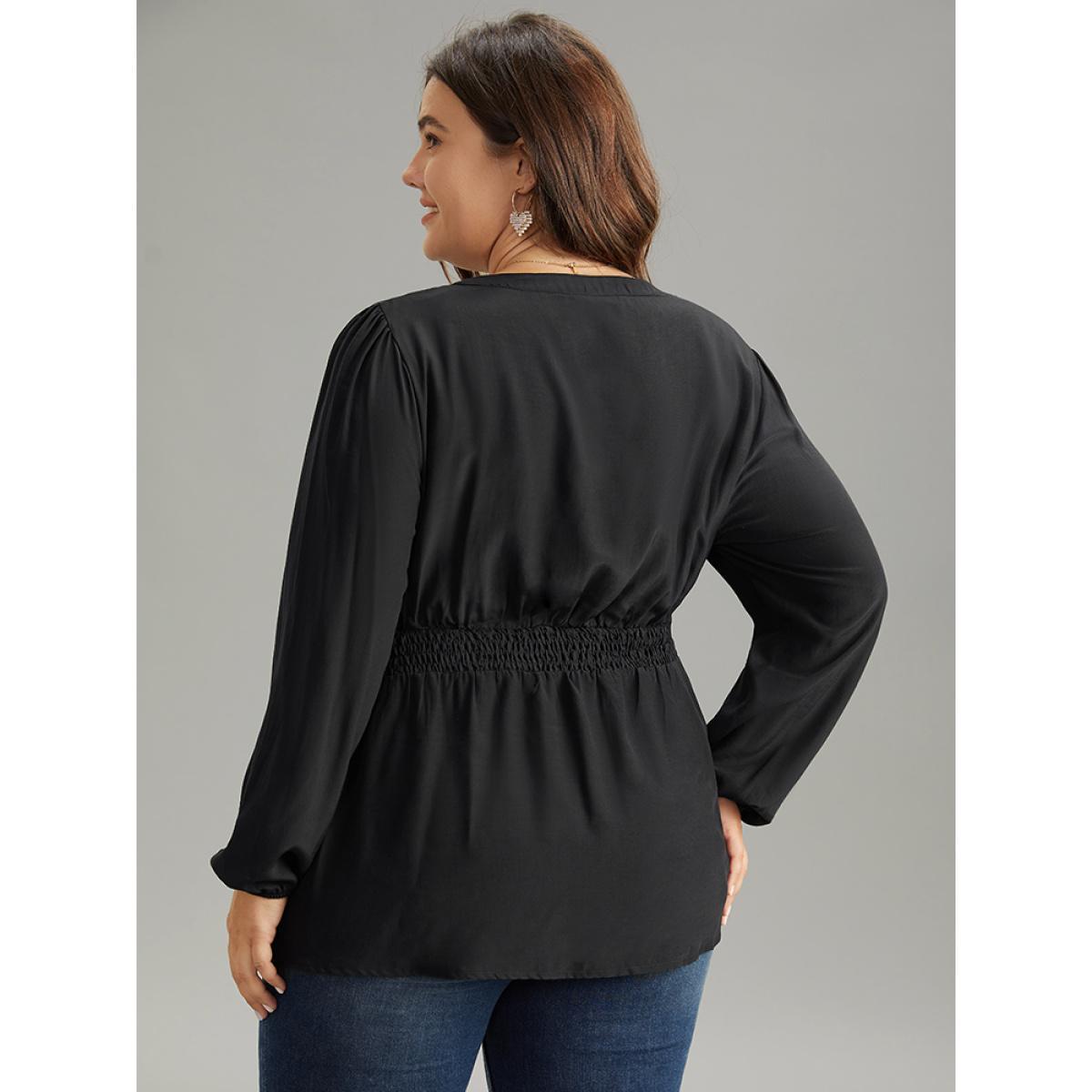 Plus Size Black Solid Frill Trim Shirred Flutter Hem Blouse Women Elegant Long Sleeve Notched collar Dailywear Blouses BloomChic 12/L Product Image