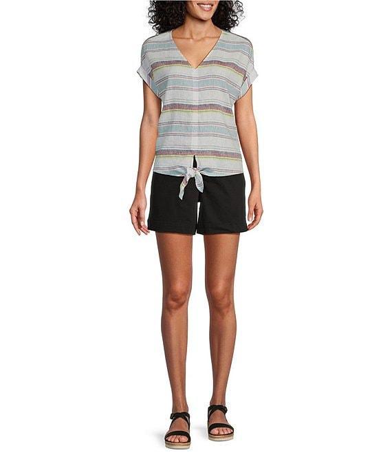 Westbound Meadow Stripe Short Sleeve V-Neck Tie Front Top Product Image