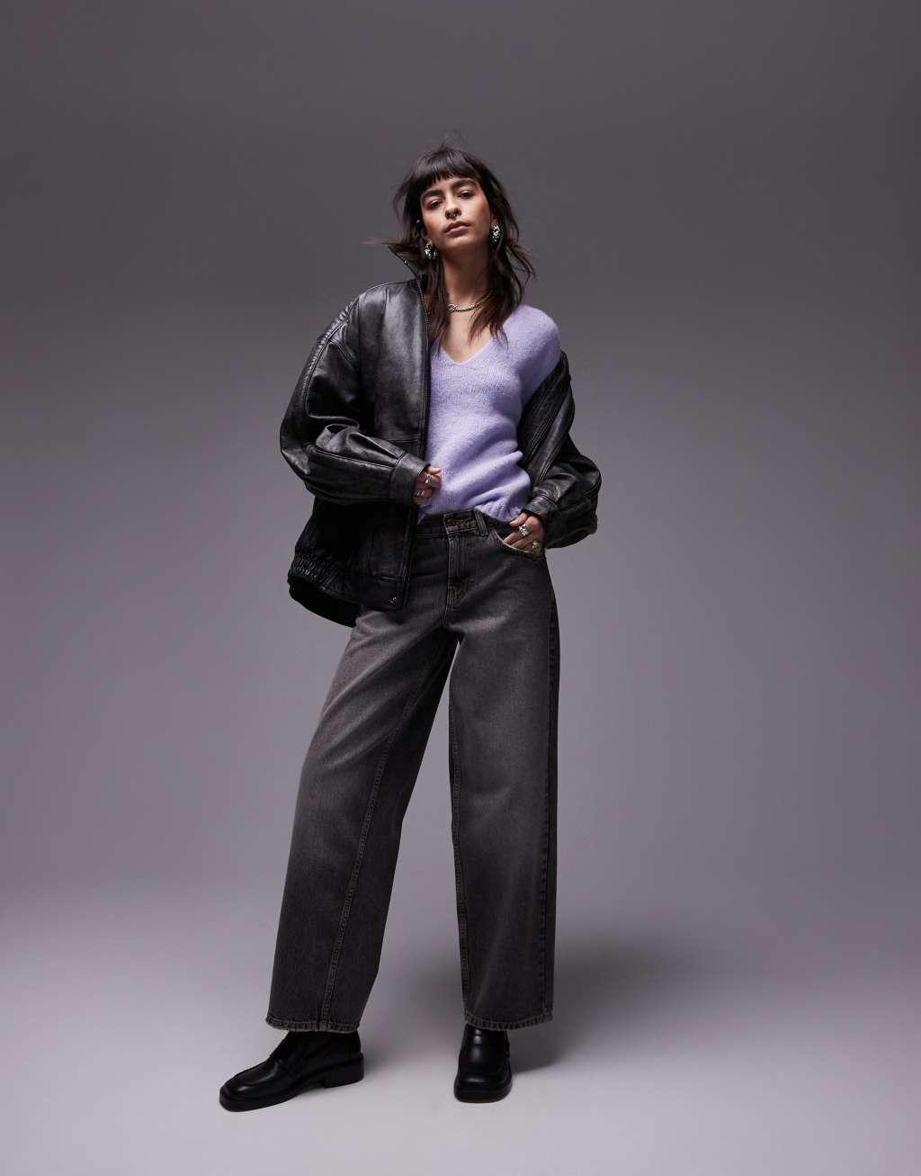 Topshop knitted oversized v-neck sweater in lilac Product Image