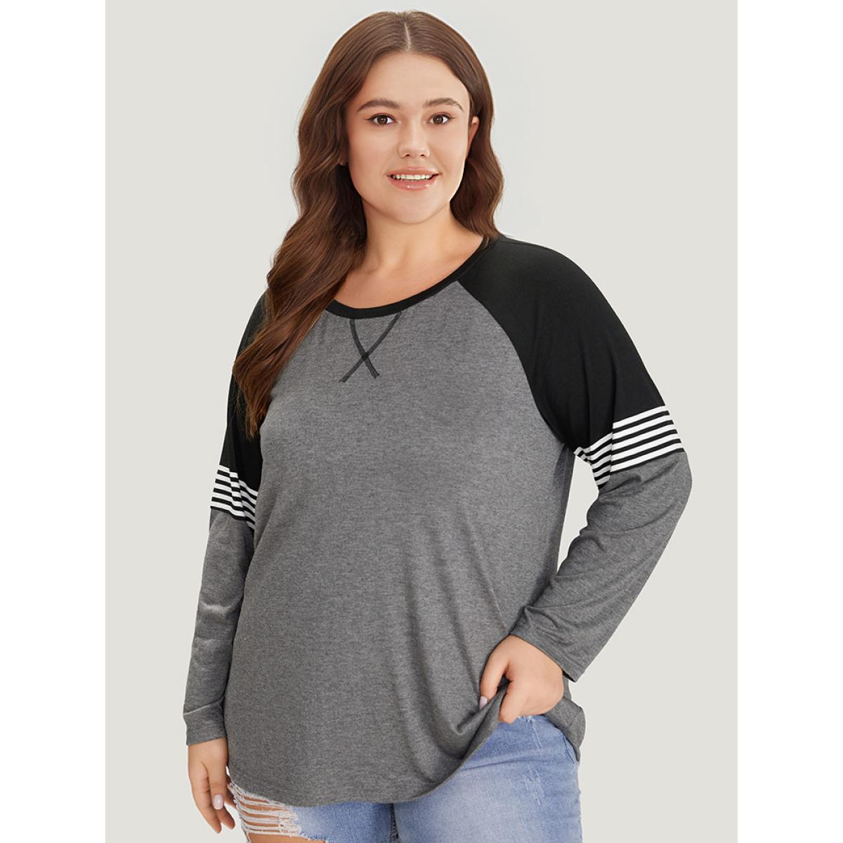 Plus Size Striped Contrast Raglan Sleeve T-shirt Gray Women Casual Striped Round Neck Everyday T-shirts BloomChic 14-16/1X Product Image