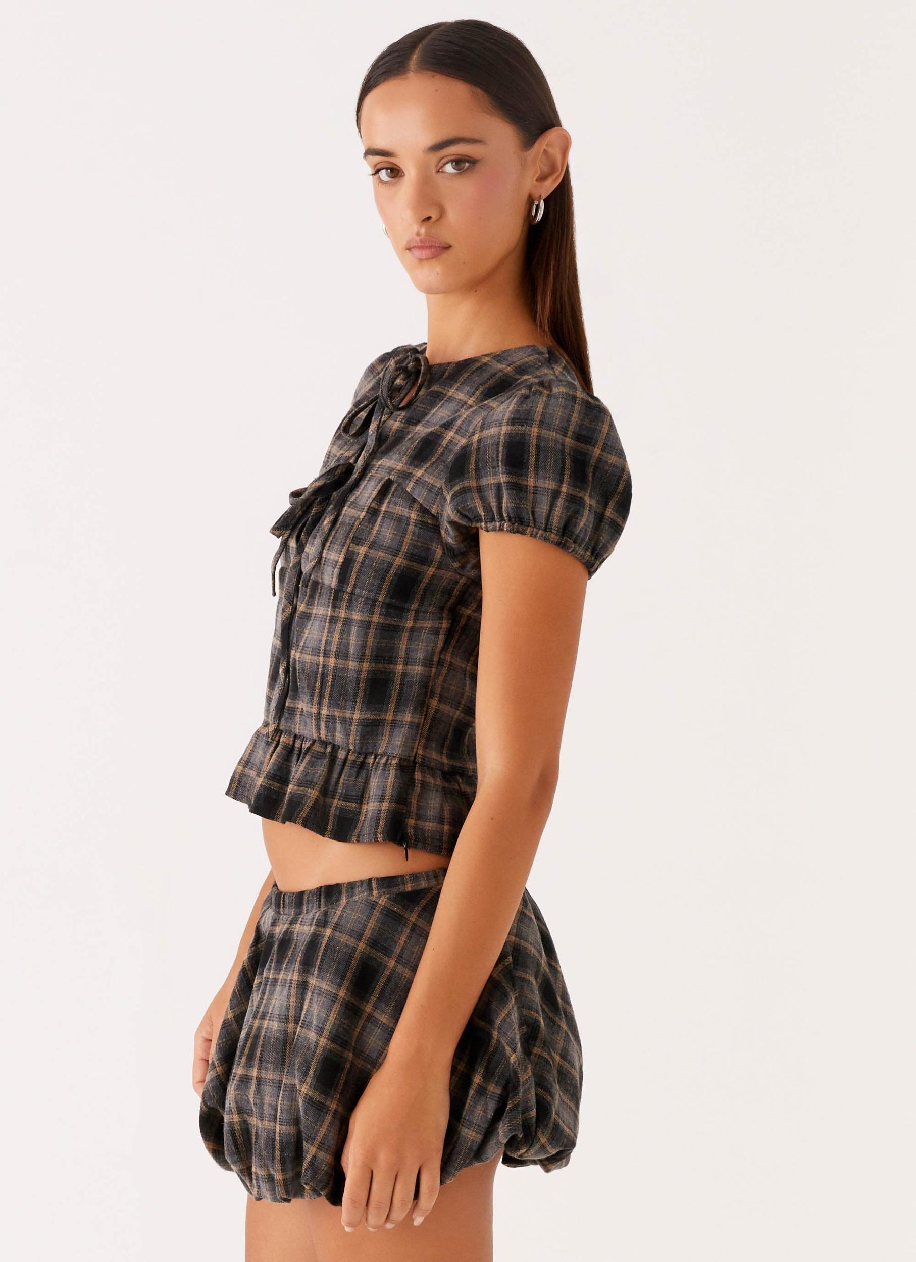 Lucia Puff Sleeve Top - Brown Check Product Image