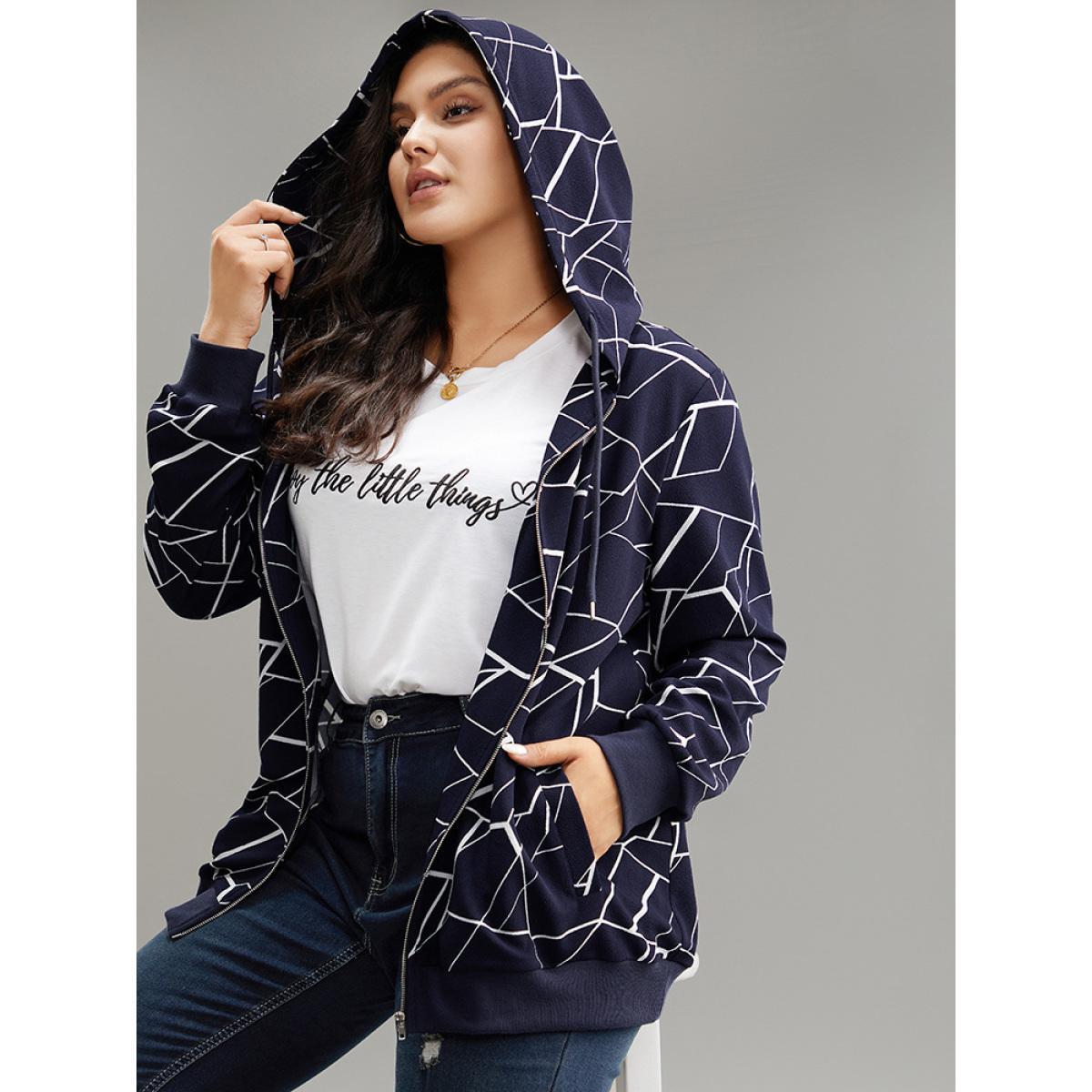 Plus Size Geometric Zipper Hooded Drawstring Sweatshirt Women Midnight Casual Printed Hooded Dailywear Sweatshirts BloomChic 18-20/2X Product Image