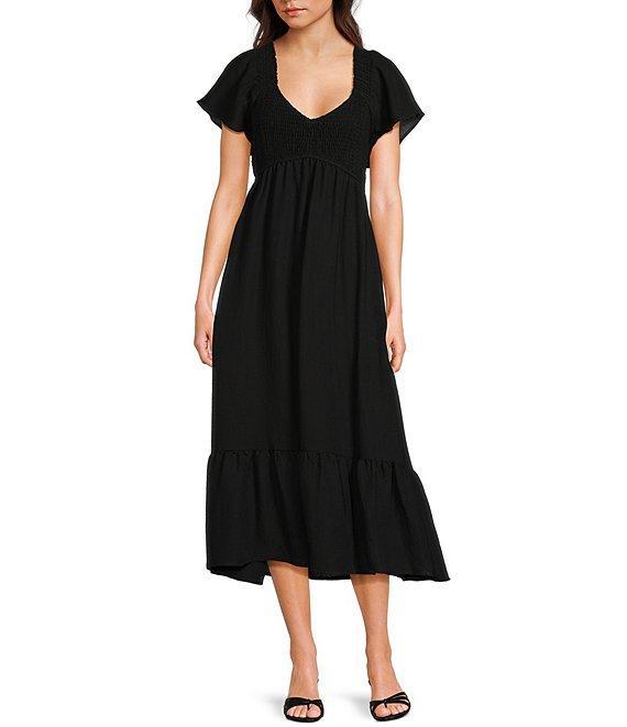 Blu Pepper Flutter Sleeve Smocked V-Neck Midi Dress Product Image