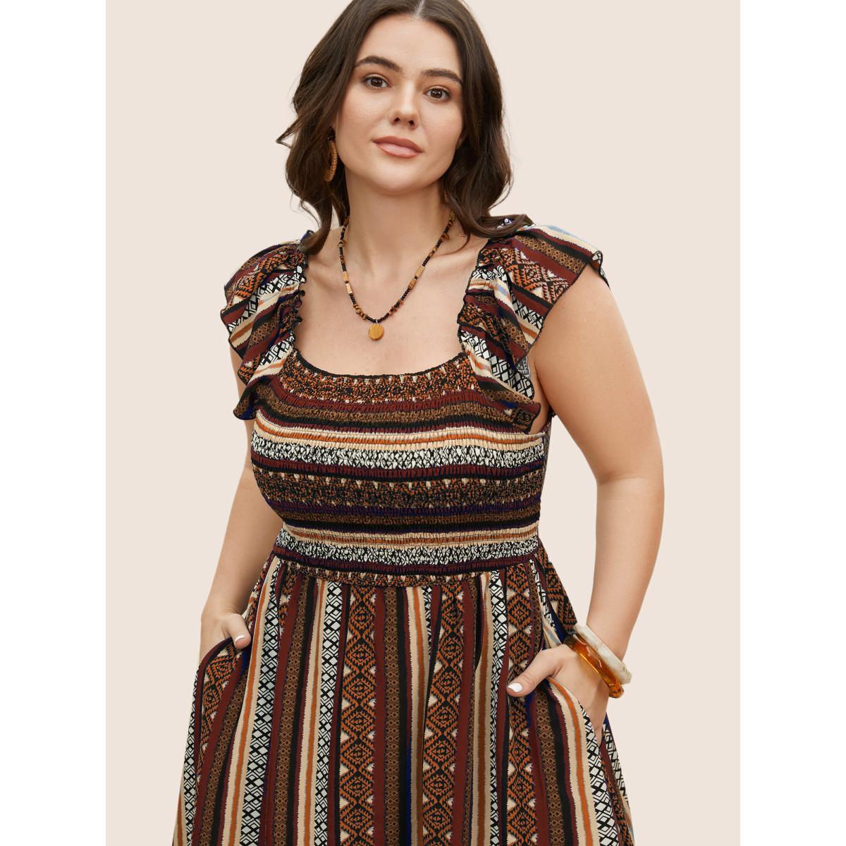 Plus Size Bandana Striped Shirred Ruffle Trim Dress Russet Women Resort Shirred Square Neck Cap Sleeve Curvy BloomChic 28/5X Product Image