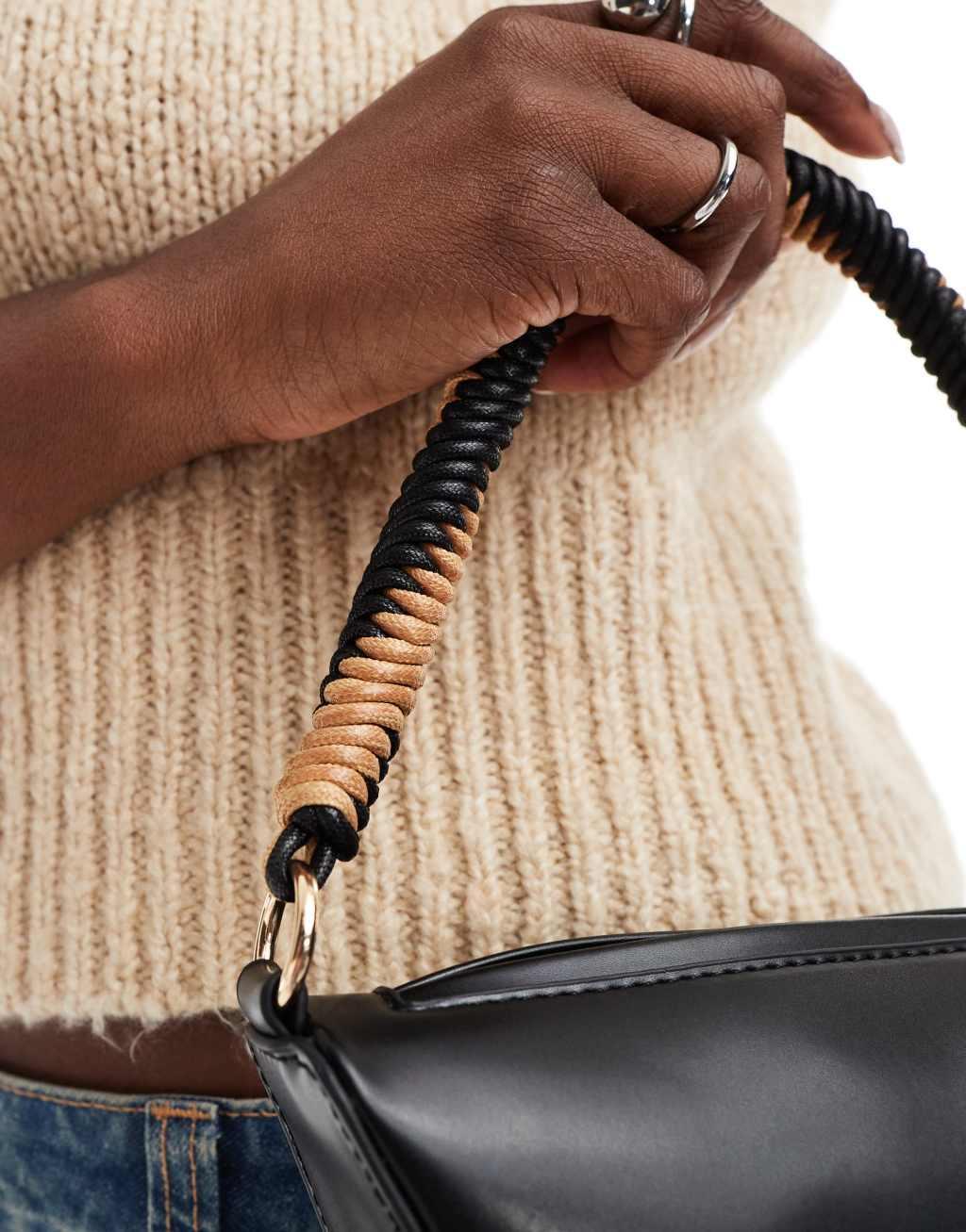 ASOS DESIGN clean structure shoulder with woven handle in black Product Image