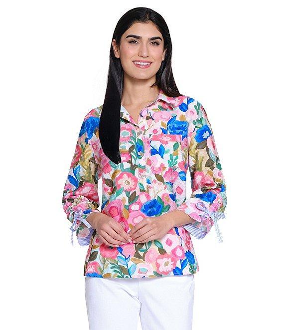 John Mark Woven Floral Camp Notch Collar 3/4 Cinch Tie Sleeve Shirt Product Image