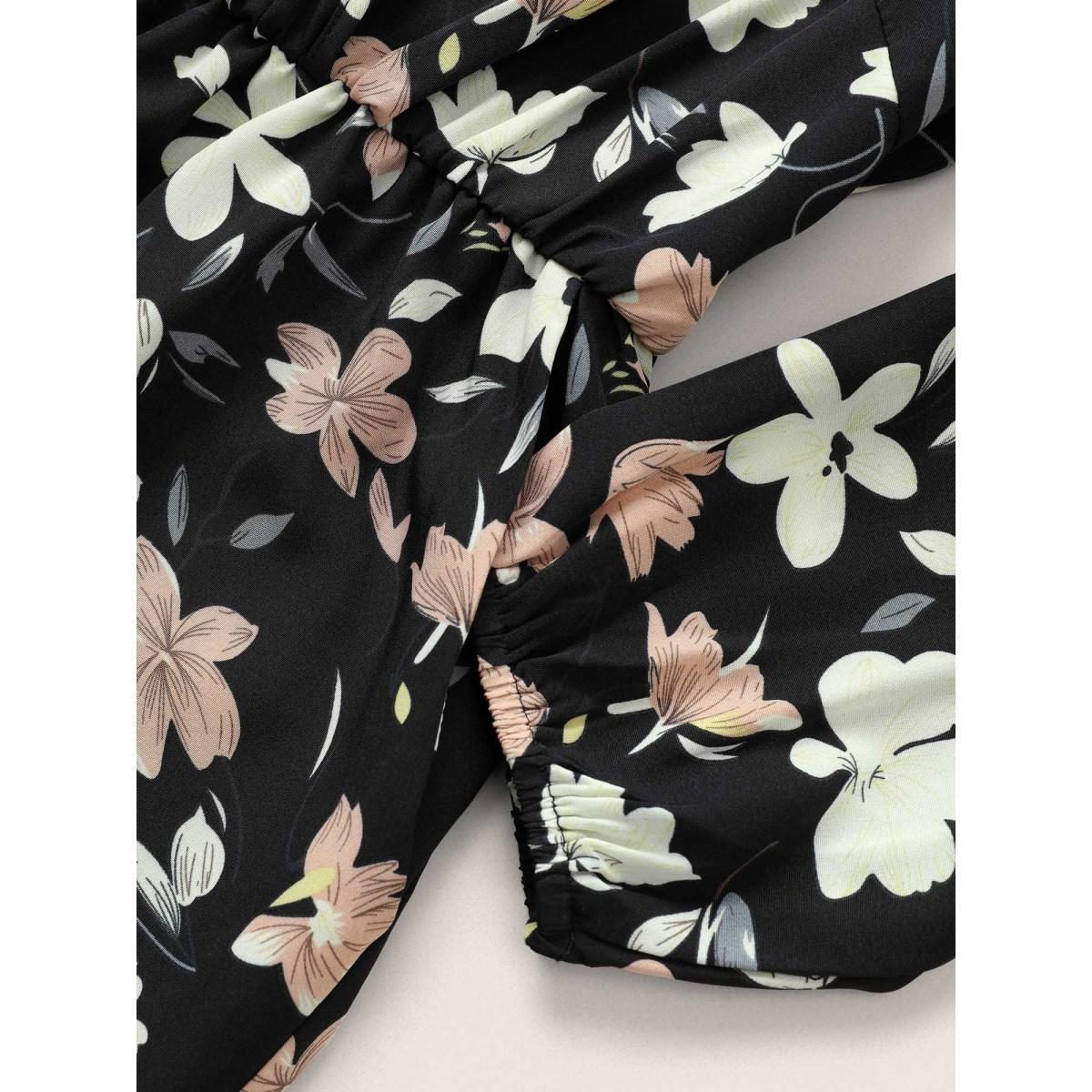 Plus Size Black Floral Elastic Waist Belted Wrap Jumpsuit Women Elegant Long Sleeve Overlap Collar Everyday Loose Jumpsuits BloomChic 30/6X Product Image
