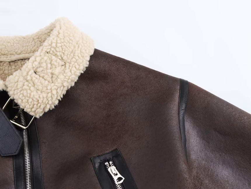 Collared Faux Shearling Zip Belted Jacket Product Image