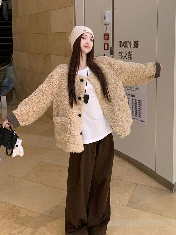 Round Neck Contrast Color Fleece Button Jacket Product Image