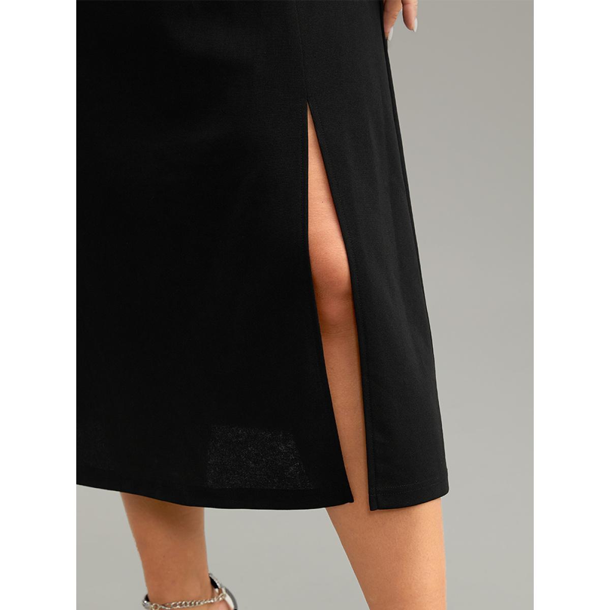 Plus Size Plain Notched Elastic Waist Split Hem Dress Black Women Glamour Plain Notched collar Long Sleeve Curvy Midi Dress BloomChic 22-24/3X Product Image