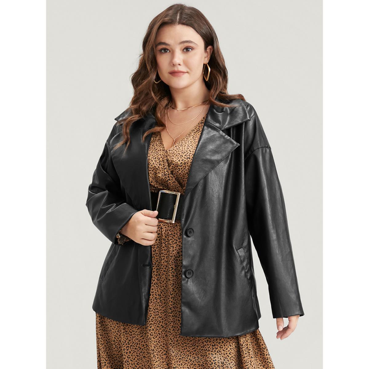 Plus Size PU Leather Pocket Suit Collar Blazer Black Women Going out Plain Sleeve Long Sleeve Suit Collar 12/L Pocket Glamour Blazers BloomChic Product Image