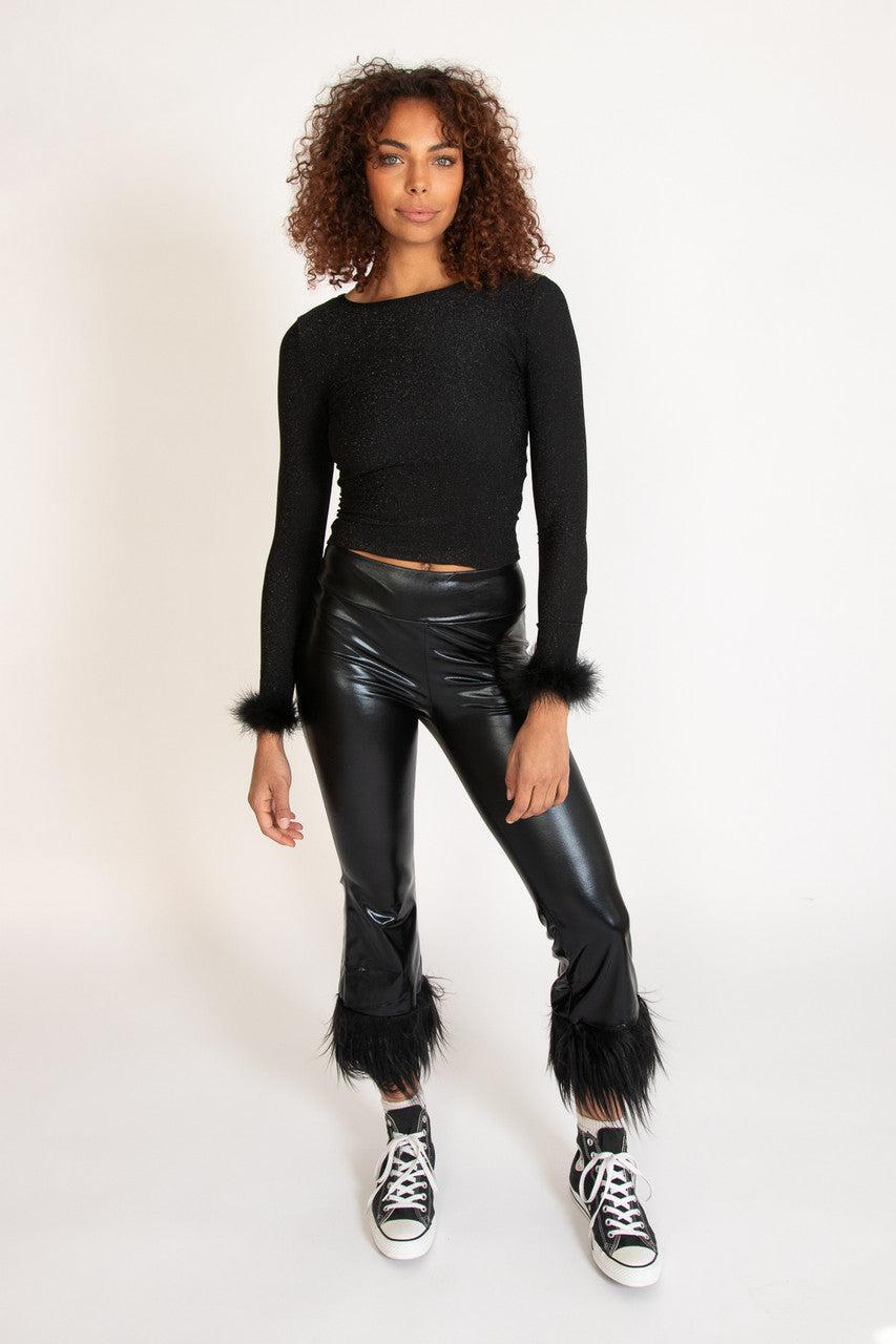 Metallic Fur Trim Flare Pants Product Image