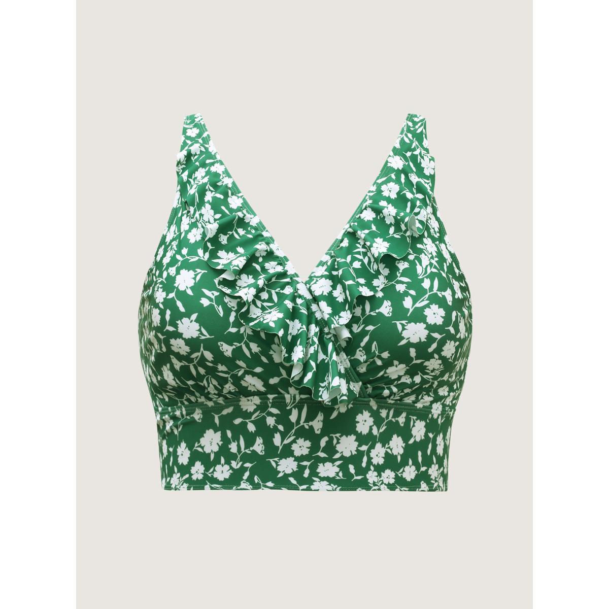 Plus Size Ruffled Ditsy Floral Print Swim Top Women's Swimwear Greenbean Beach Ruffles High stretch Skinny Overlap Collar Curve Swim Tops BloomChic 18-20/2X Product Image
