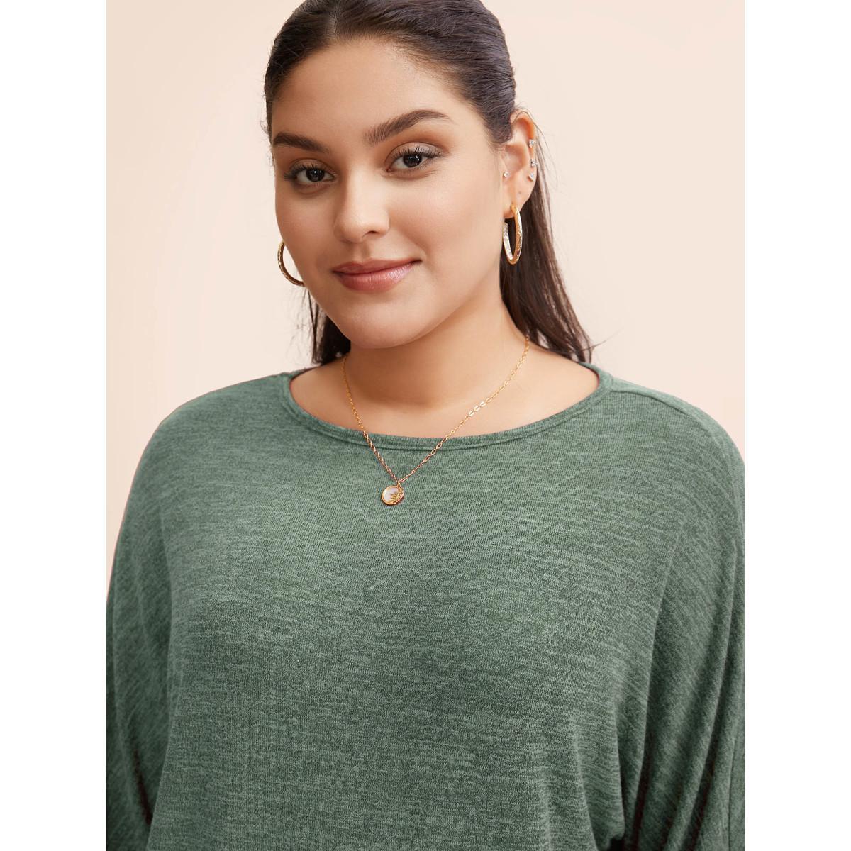 Plus Size Plain Heather Elastic cuffs Dolman Sleeve T-shirt Green Women Casual Elastic cuffs Plain Round Neck Everyday T-shirts BloomChic 12/L Product Image