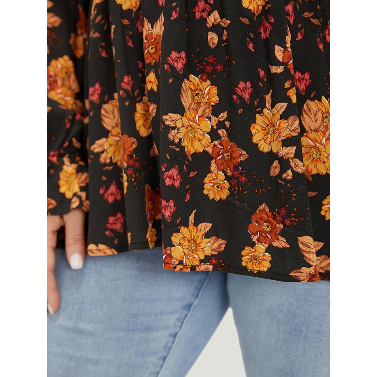 Plus Size Indigo Floral Print Wrap Shirred Lantern Sleeve Blouse Women Vacation Long Sleeve V-neck Dailywear Blouses BloomChic 10/M Product Image