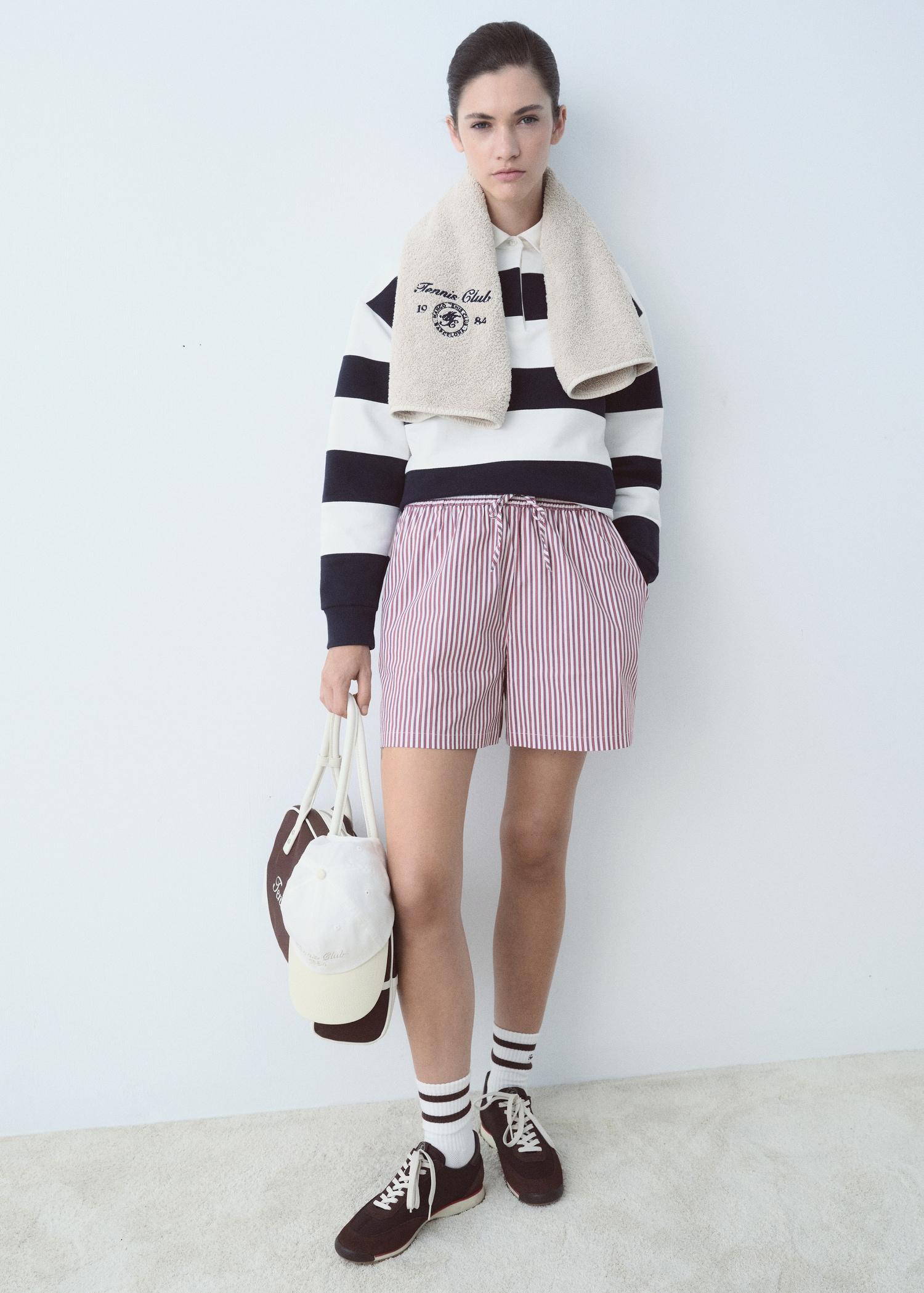 Striped poplin shorts with embroidered message - Women | MANGO USA Product Image