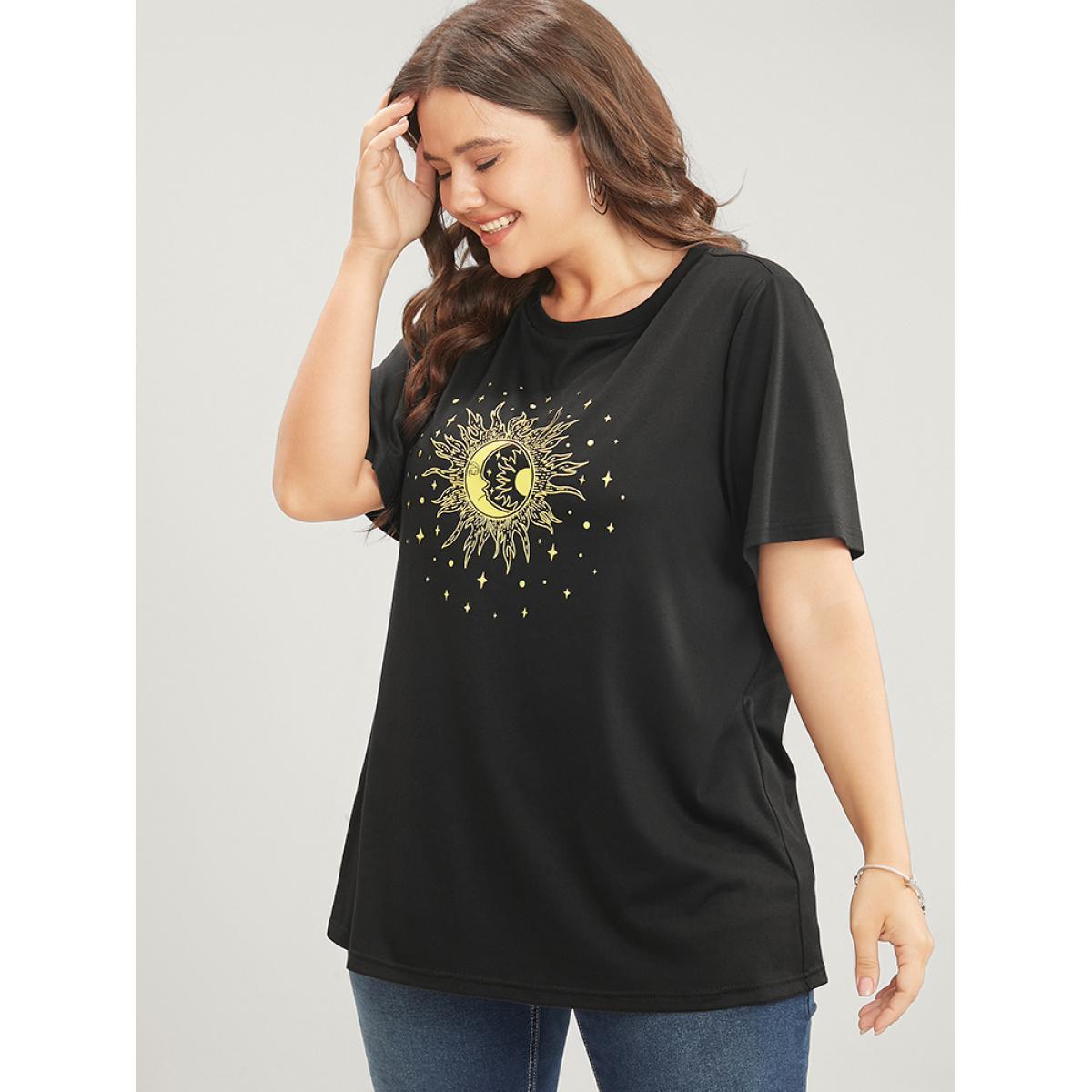 Plus Size Moon And Star Round Neck T-shirt DimGray Women Casual Printed Star and moon Dailywear T-shirts BloomChic 12/L Product Image
