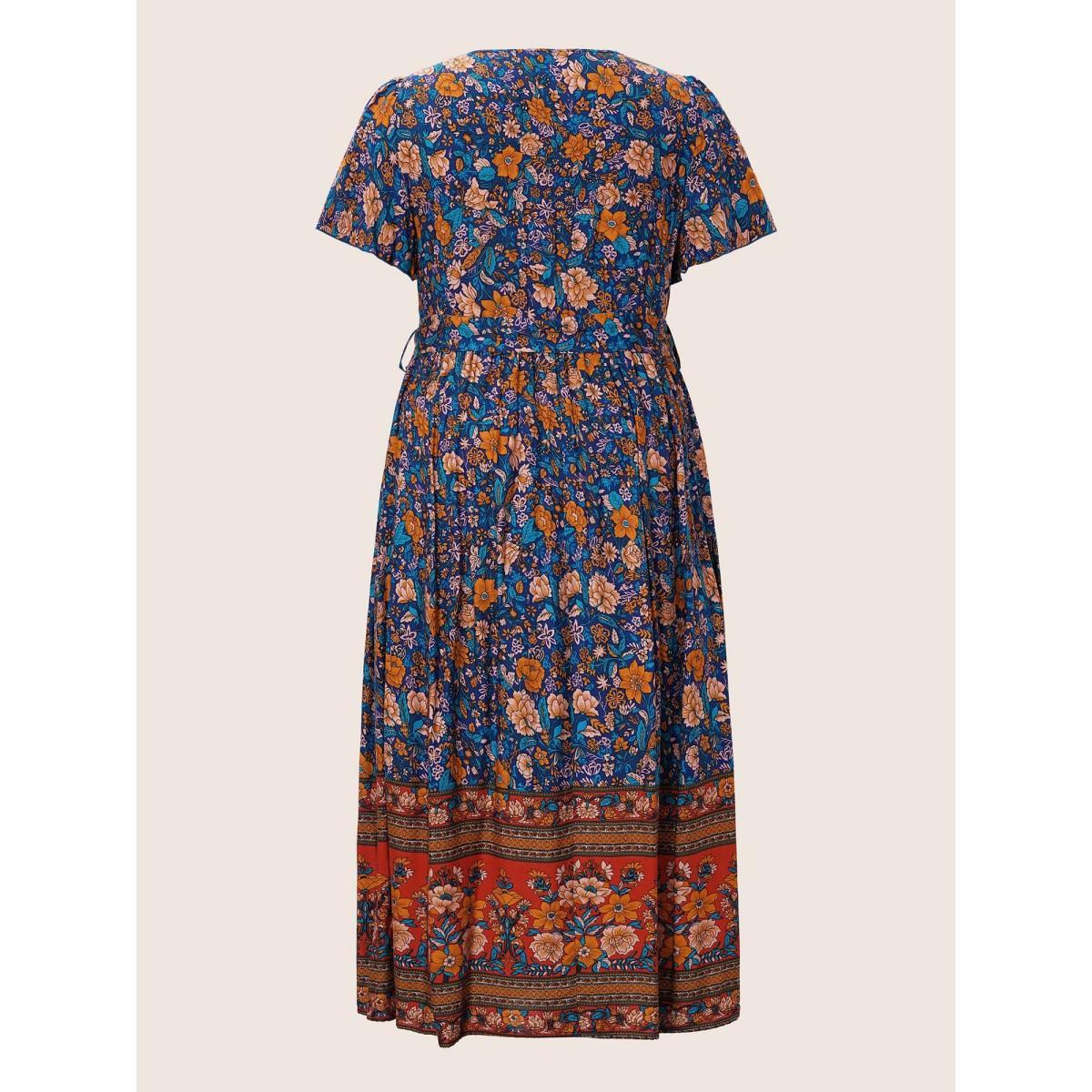 Plus Size Bandana Surplice Neck Pocket Belted Flutter Hem Maxi Dress DarkBlue Women Resort Non V-neck Short sleeve Curvy Long Dress BloomChic 14-16/1X Product Image