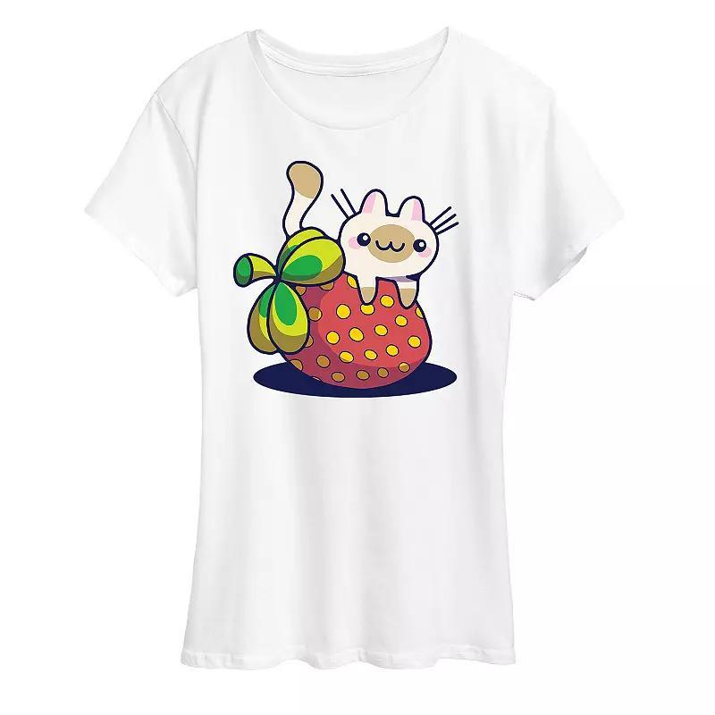 Womens Cat On Strawberry Graphic Tee, Girls Grey Gray Product Image