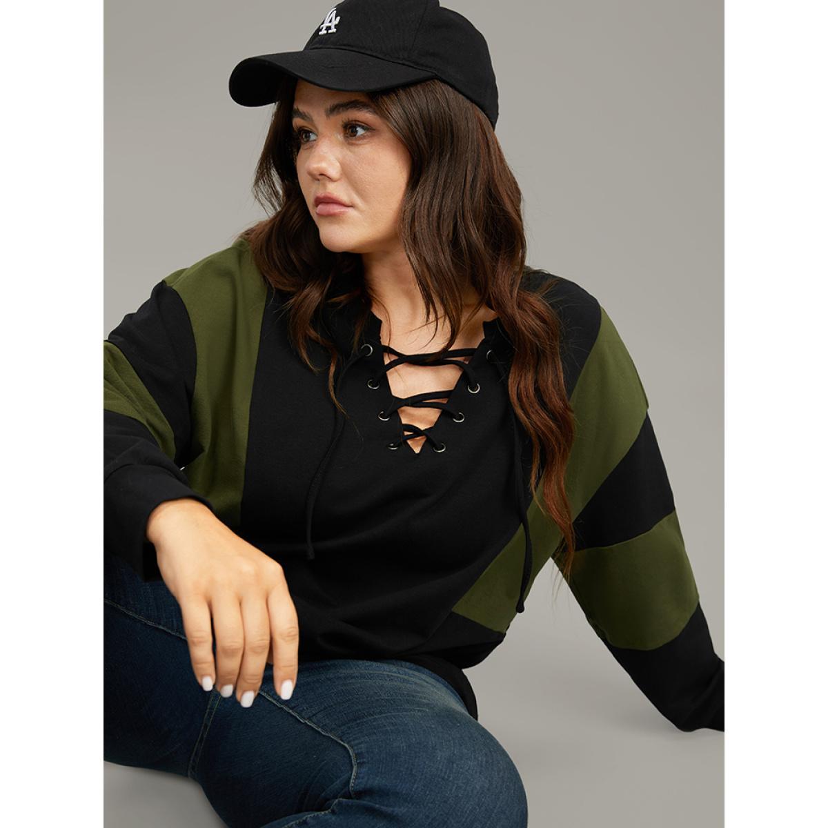 Plus Size Cotton Colorblock Contrast Lace Up Sweatshirt Women Burgundy Casual Elastic cuffs V-neck Dailywear Sweatshirts BloomChic 26/4X Product Image