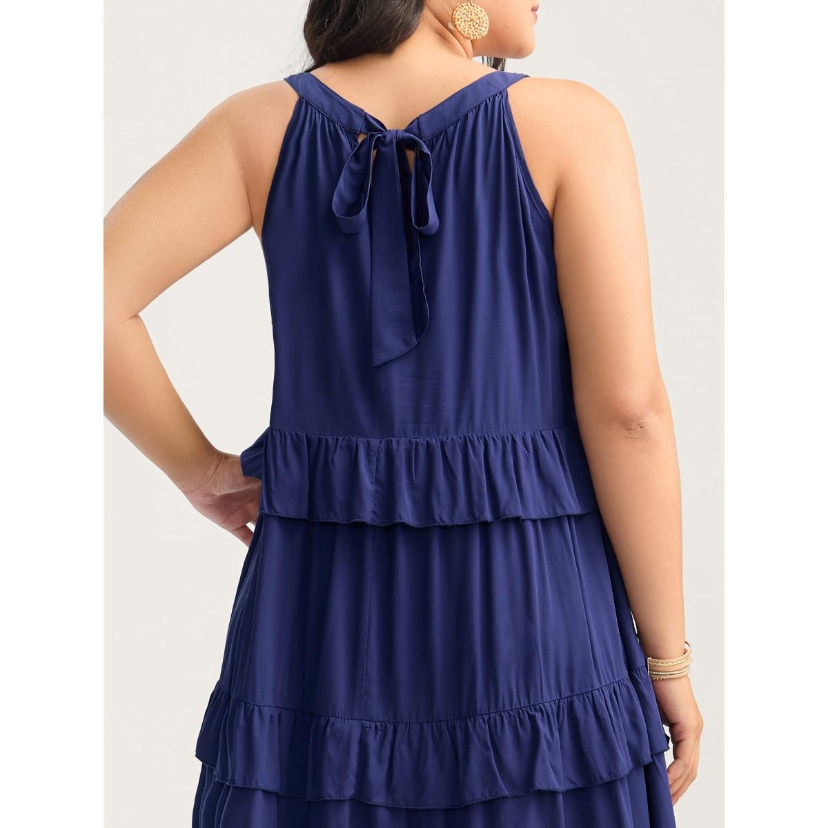 Plus Size Ruffled Tiered A-Line Tie Midi Dress DarkBlue Women Round Neck Sleeveless Curvy BloomChic 30/6X Product Image