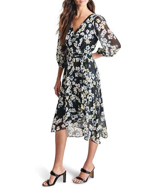 DKNY by Donna Karan V-neck 3/4 Sleeve Floral Print Faux Wrap Midi Dress Product Image