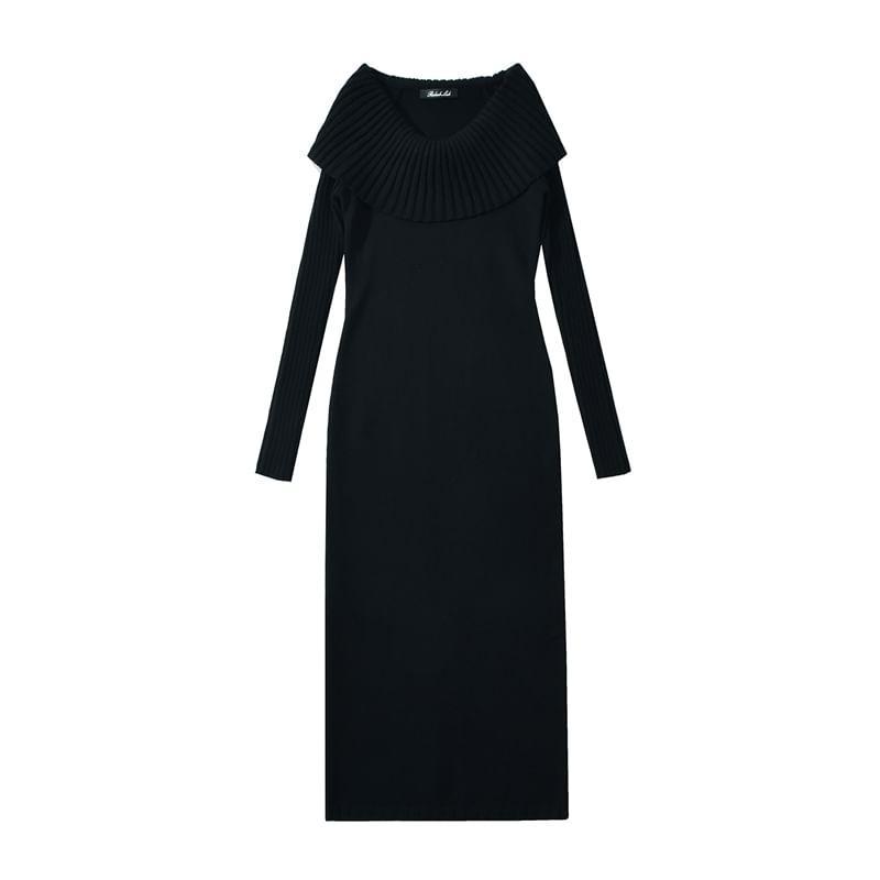 Long-Sleeve Off Shoulder Plain Ribbed Knit Maxi Sheath Sweater Dress Product Image