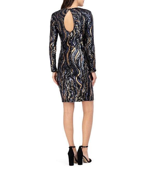 Vince Camuto Sequin Swirl Sheath Silhouette Boat Neck Long Sleeve Knee Length Dress Product Image