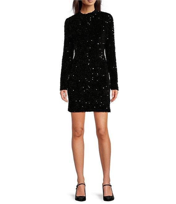 DKNY by Donna Karan Sequined Velvet Mock Neck Long Sleeve Mini Dress Product Image