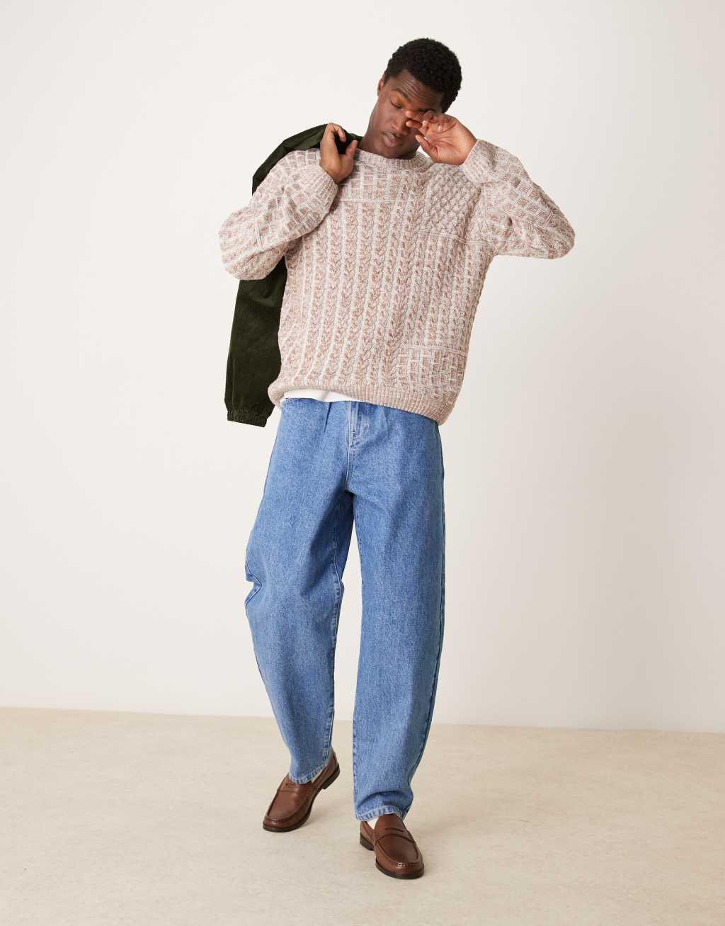 ASOS DESIGN relaxed cable knit sweater in stone Product Image