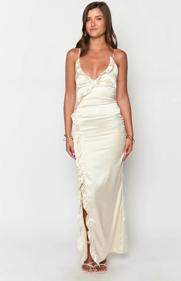 Nahanee Cream Satin Ruffle Maxi Dress Girls Product Image