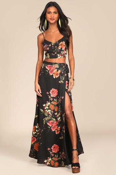 Bloom With a View Black Floral Print Two-Piece Maxi Dress Product Image