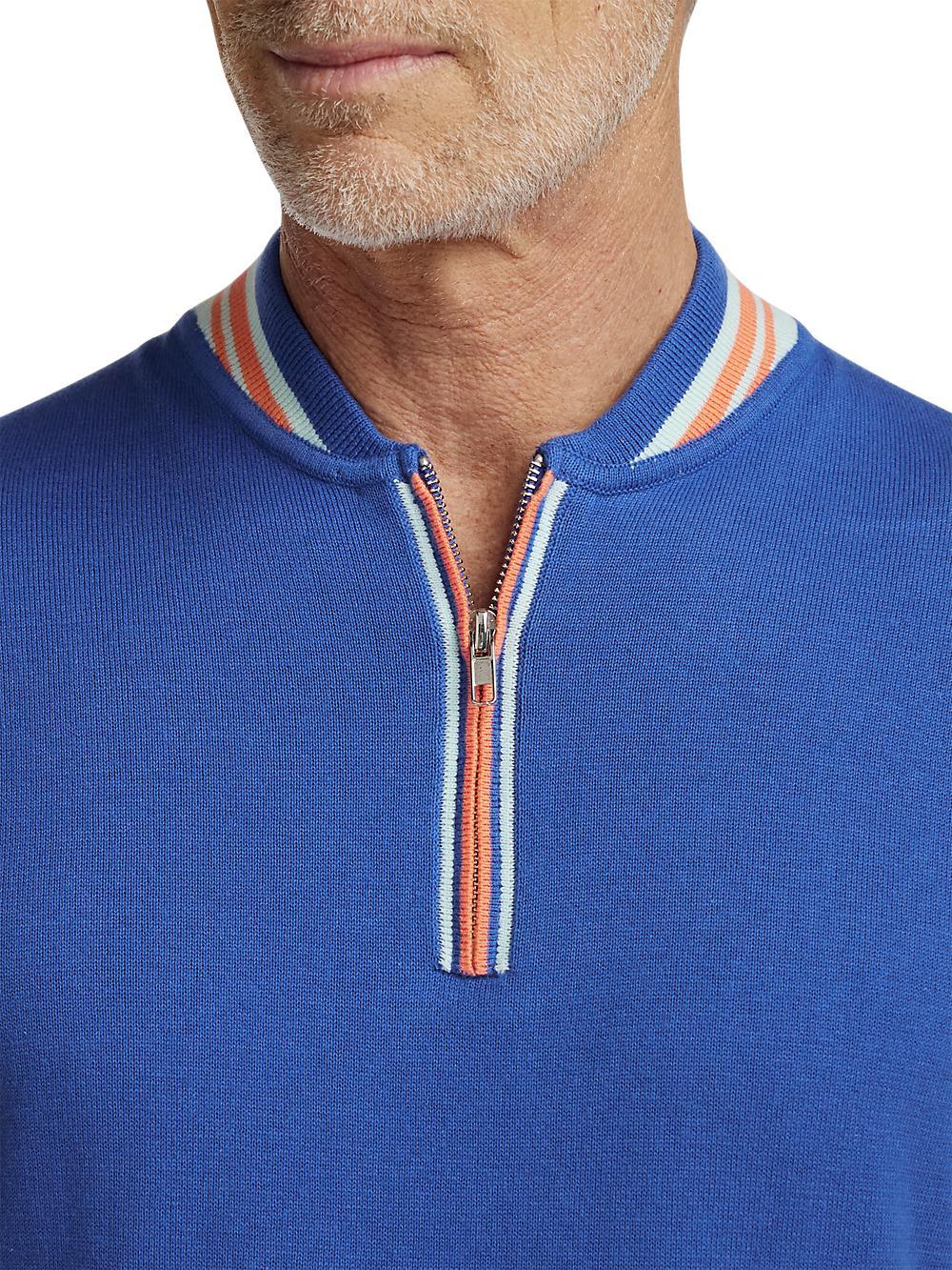 Cotton Quarter Zip Crew Neck Sweater - Blue Product Image