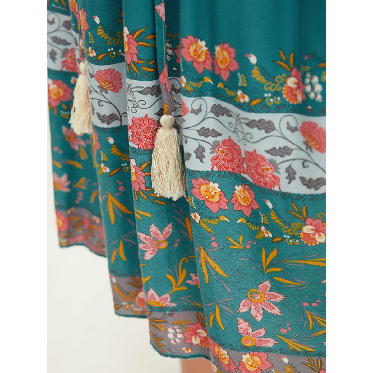 Plus Size Bandana Print Ruffle Sleeve Pocket Tie Neck Tassels Dress Emerald Women Vacation Tassels Tie Neck Short sleeve Curvy Knee Dress BloomChic 18-20/2X Product Image