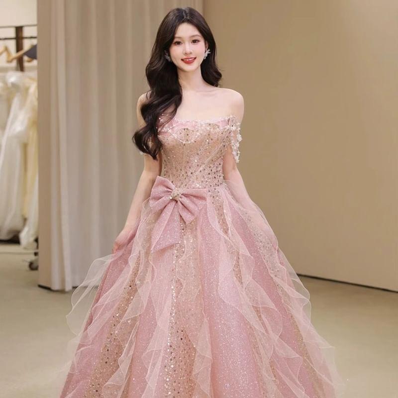 Sequin Bow Ruffle Mesh A-Line Tube Evening Gown Product Image